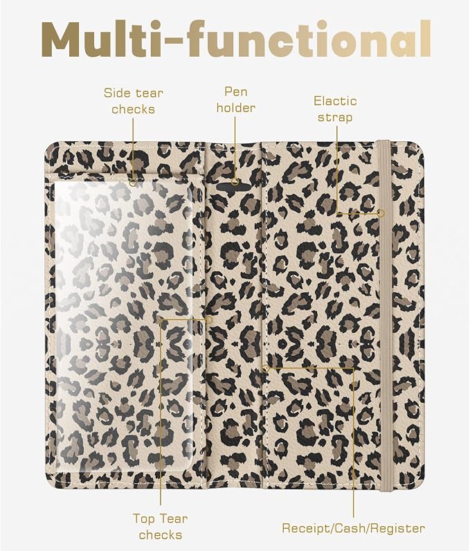 Checkbook Cover for Men Women, Premium Leather Checkbook Holder with RFID Blocking and Built in Clear Plastic Divider for Personal and Business Checks (Leopard-Yellow)