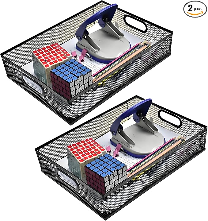 2 Pcs Heavy-Duty Metal Mesh Desk Organizer Tray, A4 Large Office Storage Box Set, 12.6X 9.1 x 2.8Inches, Large Capacity for Home and Office Supplies