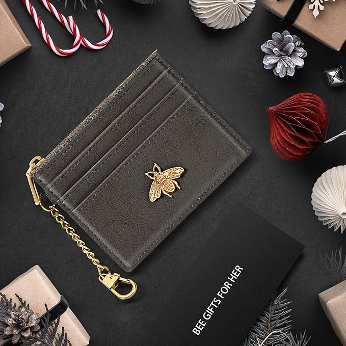 SEAVILIA Card Holder Keychain Wallet for Women with ID Window RFID Coin Purse Bee Gifts Slim Minimalist Small Wallet