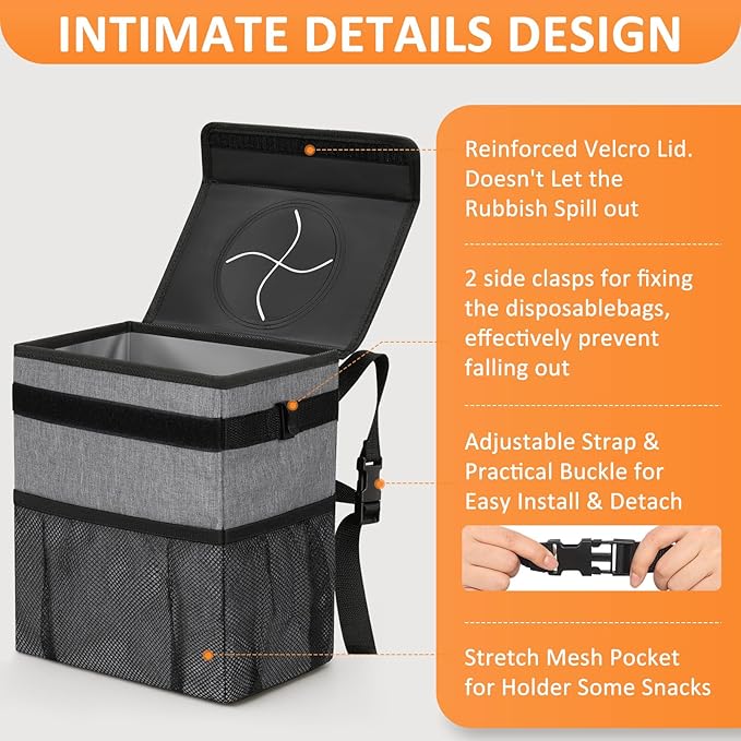 Vankor 3 Gallons Car Trash Can with Lid, Car Trash Bag Bin Hanging Waterproof Automotive Garbage Cans Leak Proof Vehicle Can Grey