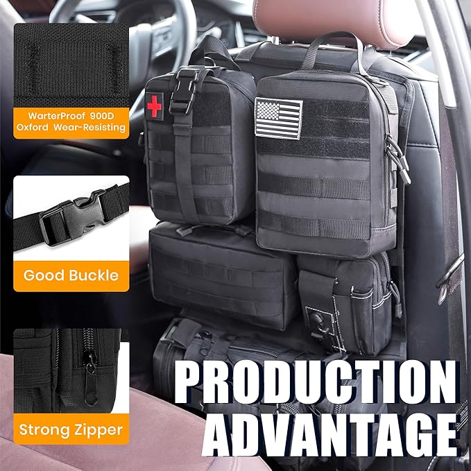 6 Pack Tactical MOLLE Car Seat Back Organizer - Universal Vehicle Storage Bag with 5 Detachable MOLLE Pouches, US Flag Patch & Keychain, Fits Jeep, Truck, SUV, Car (Black)
