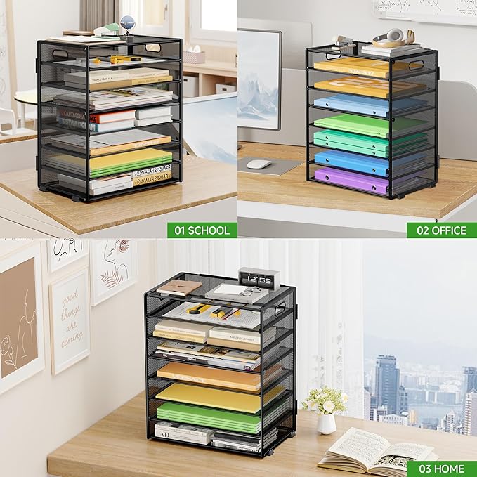 2 Pack 8 Tier Paper Organizer with Handle, Metal Mesh Desk File Organizer, Large Capacity Desk Organizers Paper Letter Tray Desktop Document Sorter for Office, Home or School - Black