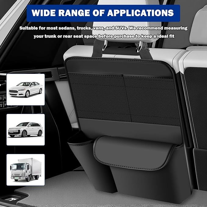 Leather Car Trunk Organizer,Large Capacity Backseat Car Organizer with 2 Mesh Pockets & Cup Holder,Detachable Hanging Cars Organizers and Storage for Family Road Trips