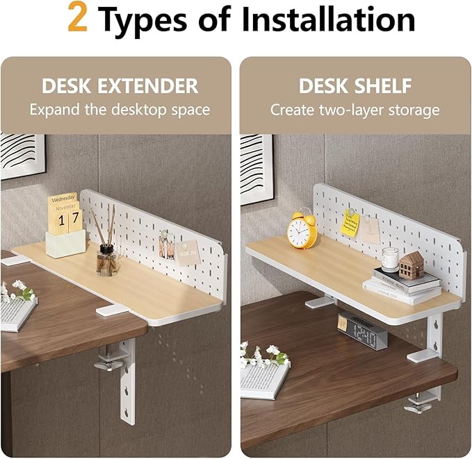 3 in 1 Clamp-on 22"×7.5" Desk Extender, Heavy-Duty Side/Top Desk Organizer Shelf, Adjustable Desktop Storage for Office Accessories, Monitor and Laptop Riser, Pegboard Included