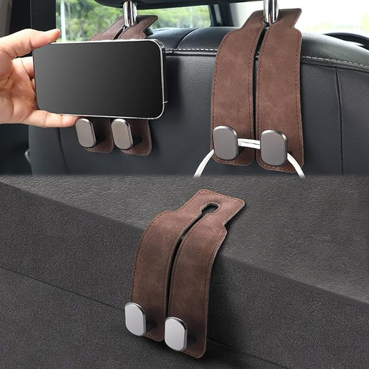 LivTee Headrest Purse Hook for Car, Seat Hook Hangers Storage Organizer for Bags and Coats Holder, Upgrade Leather Double Hook and Mobile Phone Holder for Universal Vehicle Car Accessories (Brown)