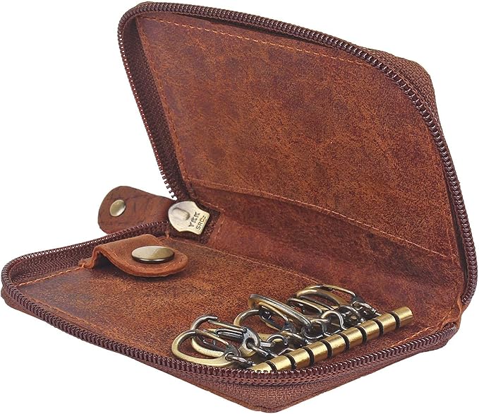 RUSTIC TOWN Leather Key Holder Case - Zippered Key Organizer Wallet with 8 Hooks for Keys, Cash & Card - Gift for Men Women