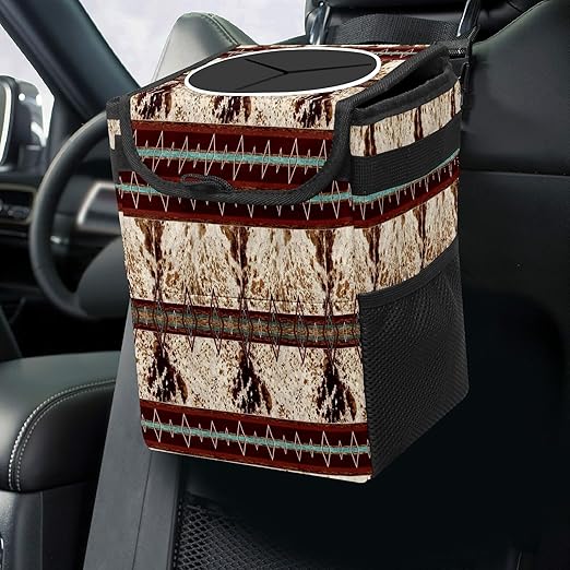 Car Trash Can with Lid Western Cowhide Aztec Collapsible Reusable Leak-Proof Auto Garage Bag,Hanging Vehicle Car