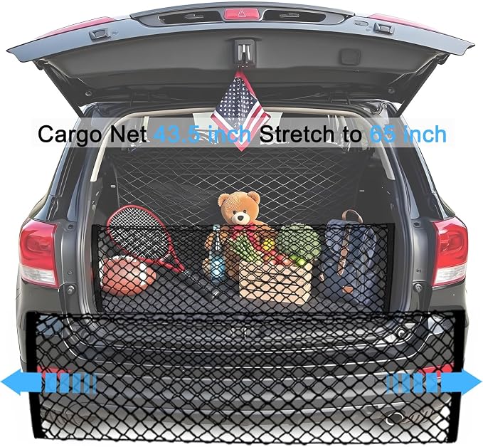 BAILALIBO Cargo Net Stretchable. Adjustable Trunk Nets for SUV, Cars, Jeep and Trucks, Small Automotive Elastic Storage Net with Hook, Car Organizer Net (43.3x15.8 Inch)