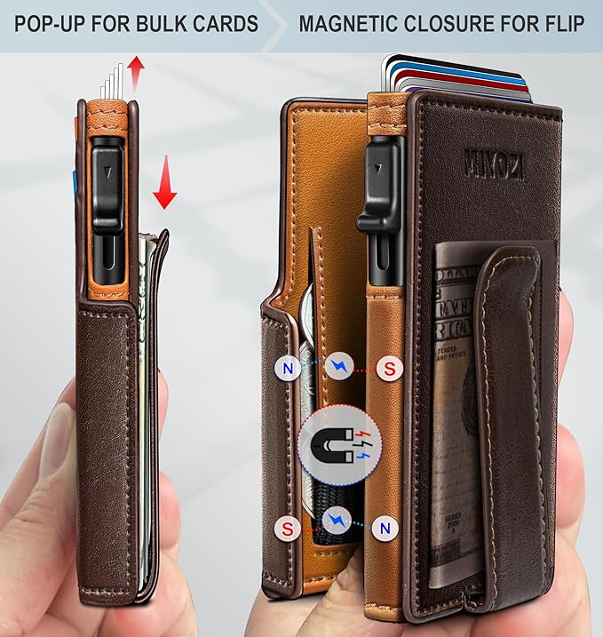 miyozi Men Wallet,with Money Clip Coins Pocket ID Window,Slim Front Pocket RFID Blocking Pop-up Card Holder 3.9"x 2.7", Gift Boxed