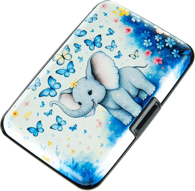 Credit Card Holder for Women Men RFID Blocking Wallet Small Business Metal Slim Mini Aluminum Hard Case (Elephant Butterflies)