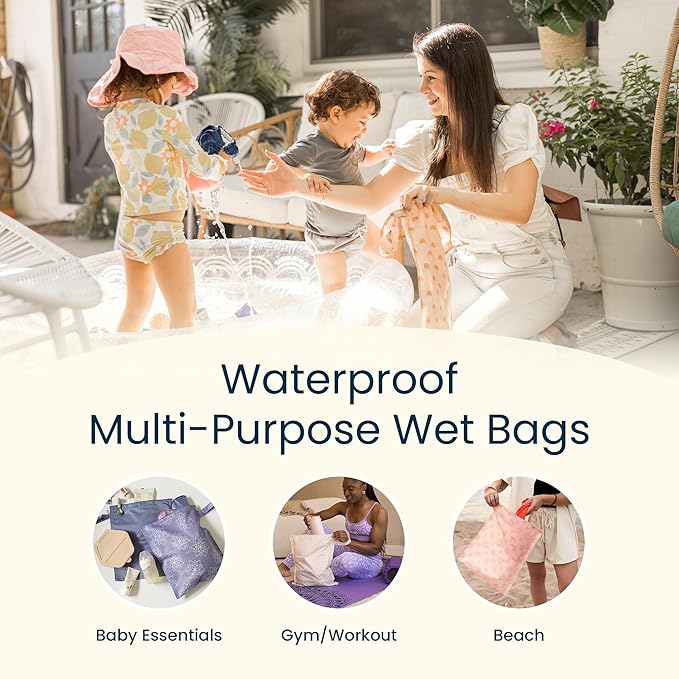 Tiny Twinkle Mess Proof Wet Bags | 2-Pack Reusable Waterproof Wet Bags for Swimsuits | Baby Clothes | Travel & Diaper Bag (Grey, Indigo)