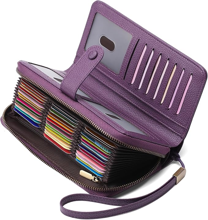 GAEKEAO Leather Credit Card Holder Wallet for Women RFID Blocking Large Capacity Bifold Zipper Card Case Organizer with Wristlet 45 Slots
