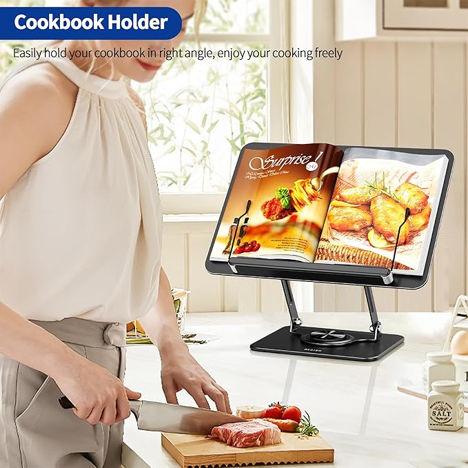 BESIGN BS02 Book Stand for Reading, Adjustable Book Holder, Ergonomic Laptop Stand, Cookbook Stand, Recipe Book Holder with Elastic Page Clips for Music Scores, Recipe, Tablet