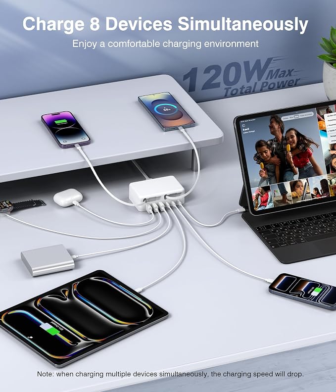 2026 Latest USB C Charger Block, 8 in 1 GaN Retractable Charger Station Hub with Lightening & Type C Cable, 120W Travel Essential Multi USB C Power Strip Plug for iPhone 17 16 15 Pro Max iPad Galaxy