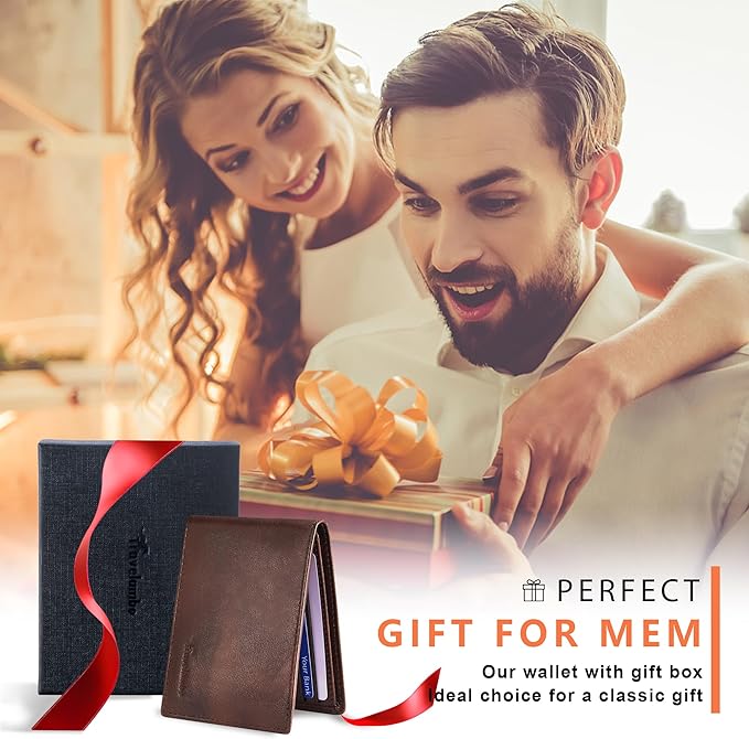 Travelambo Genuine Leather Wallet for Men with Gift Box - Handmade Bifold Stylish - Mens Wallets Rfid Blocking with 2 ID Windows