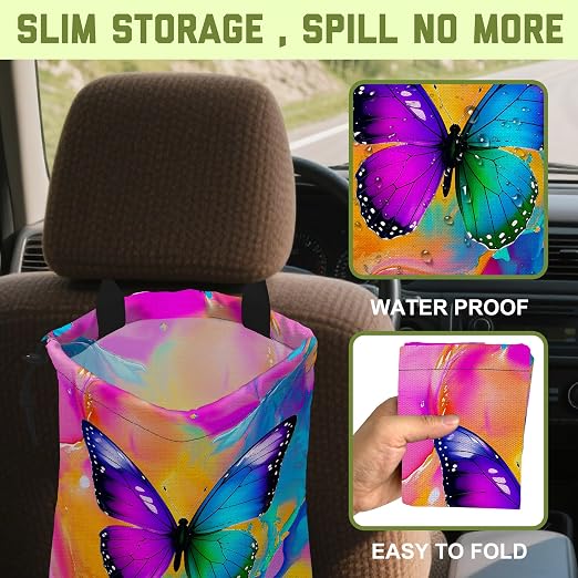 Car Trash Bag Colorful Fluid Butterfly Hanging Drawstring Car Organizer and Storage Bag with Adjustable Buckle Canvas Garbage Bin for Back Seat or Hanging Headrest Car Decor Road Trip Essentials