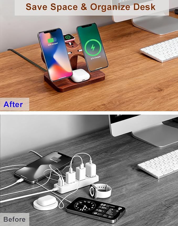 Magnetic Dual Wireless Charger for Apple Multiple Devices,Two Phone Charging Station for iPhone 17/16/15/14/13,AirPods & Apple Watch,Wood Charger Stand Desk Organizer,Gift for Men Dad Boyfriend