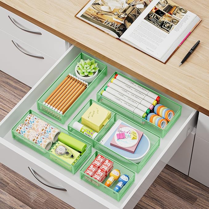Marbrasse 5 Pack Desk Drawer Organizer Set, Mesh Drawer Storage Trays with 1 Adjustable Divider, Desk Organizers and Accessories, 5 PCS Drawer for Office Supplies, Makeup & Vanity (Green)