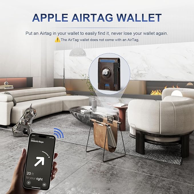 Magnetic Wallet with Card Holder for Iphone12~16, Slim & Minimalist Airtag Wallet with RFID Blocking Card Holder, Genuine Leather, Stretch Front Pocket (Coffee Brown)
