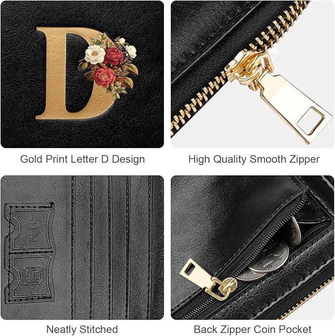 Passport Holder Cover Wallet with Zipper Personalized Initial Letter D Rose Flower RFID Blocking Travel Wallets Credit Cards Holder for Women, Gift for Wife and Girlfriend,D