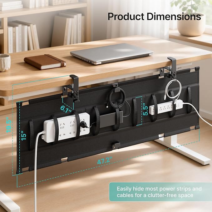 PEGZONE No Drill Under Desk Cable Management Tray, 47.2" Cord Management Under Desk for Table, Clamp Mount Desk Cable Management, Premium Fabric Wire Management Tray for Office, Home, Black