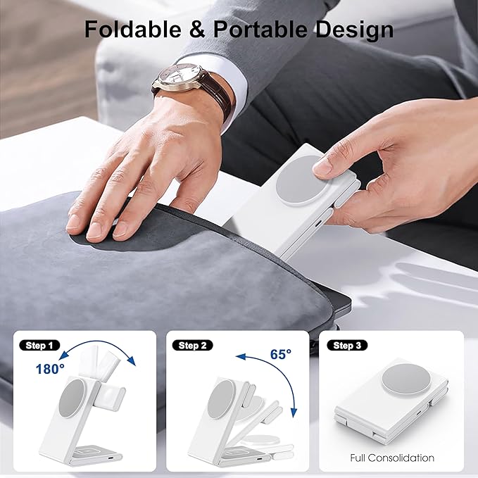 New Travel Foldable 3 in 1 Wireless Charging Station for Apple Magsafe Charger Stand,Fast Magnetic Wireless Charger Station for iPhone 17 Air 16 15 14 13 12 Series,Airpods Pro,Apple Watch Ultra-White