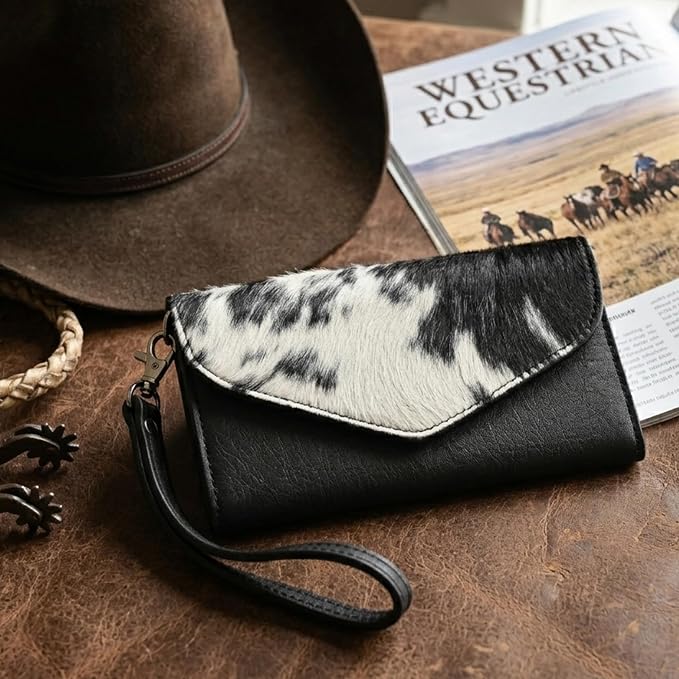 Merbaa Leather Wallet for Women, Wristlet Bifold Card Cash Phone Wallet Ladies Cowhide Hair-On Travel Clutch Purse, Slim Bifold Organizer with Card Slots, Zip Coin Pocket & Magnetic Closure, Black