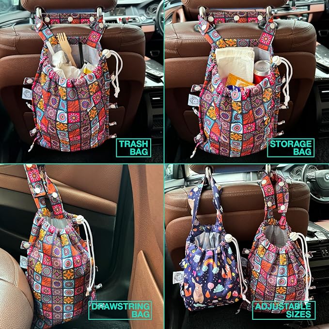 FLOCK THREE Leak-Proof Waterproof Car Trash Bag Foldable Multipurpose Trash bin Container Storage Cute Grocery Organizer Bag for Automotive Front or Back Seat in Cars SUVs and Trucks (Batik)