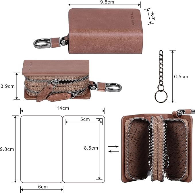 VISOUL Car Key Case Holder Double Zipper, Leather Car Smart Key Fob Case with Keychain for Men and Women