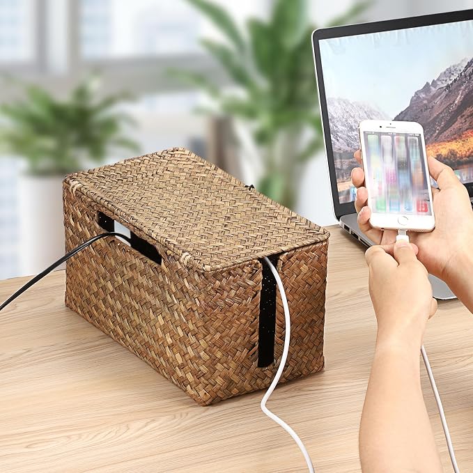 BTSKY Woven Cable Management Box with Lid, Seagrass Cord Organizer with 2 Open Slots for Power Strips & USB Hubs, Under Desk Cord Hider Box for Home Office, Pet Proofing Wire Basket, Small