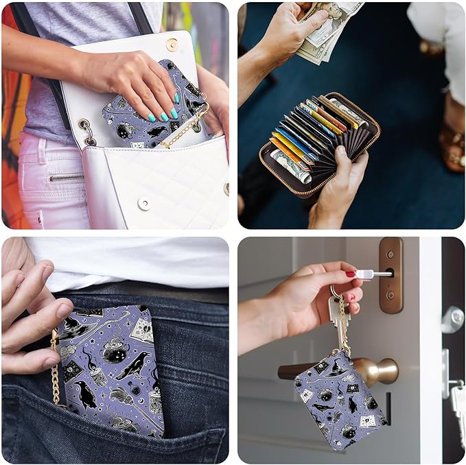 Credit Card Holder RFID Wallet, Small Card Holder Wallet for Women with Keychain Zipper, Funny Leather Print Credit Card Wallets Accordion Gift