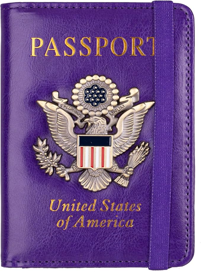 TOURSUIT RFID Blocking Passport Holder for Women Men, Leather Passport Travel Wallet with 3D Metal Badge, Travel Document Holder Cover Accessories (Purple)