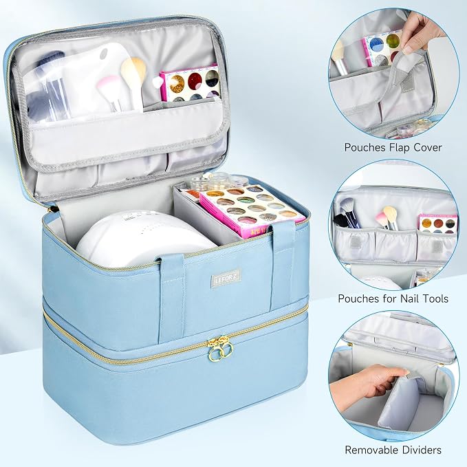 LEFOR·Z Nail Polish Organizer,Double-Layer Nail Organizers and Storage,Nail Polish Carrying Case for 40 Bottles (15ml-0.5 fl.oz) and Nail Lamp,Portable Nail Polish Holder for Nail Supplies,Light Blue