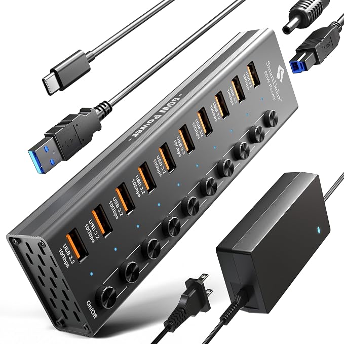Powered USB 3.2 to Type-A, Type-C Hub, SmartDelux 10Gbps 10 Port Adapter, Individual LED Switches end High-Speed Data Transfer, Power Adapter 60W, USB Extension for Laptop, Flash Drive, PC and More