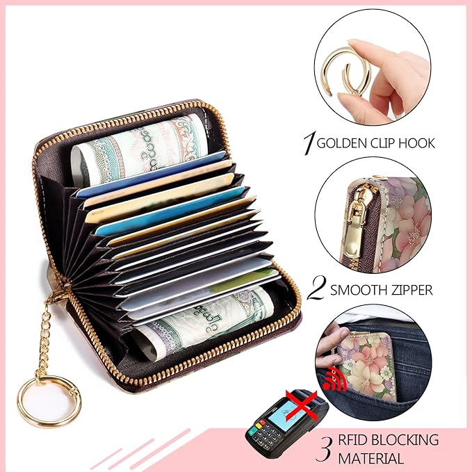Blusabaca Flower Floral Credit Card Holder for Women, Small RFID Wallet with Zipper, Card Keychain Wallet, Leather Wallet Card Case, Business Blocking Accordion Wallet Gift