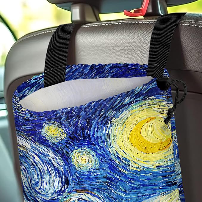 Car Trash Bag Hanging Back of Seat Waterproof Small Cute Printed One-Handed Strap Drawstring Garbage Bags for Car-Starry Night