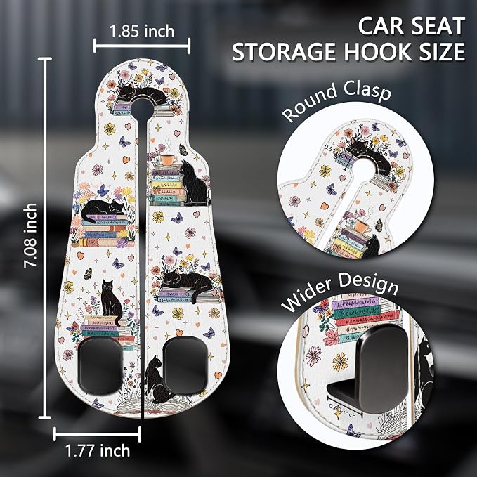 Blusabaca 2PCS Car Hooks for Purses Bags, Book Lover Bookish Black Cat Seat Back Storage Headrest Holder Hanger PU Leather Double Metal Backseat Organizer, Women Car Accessories Organization