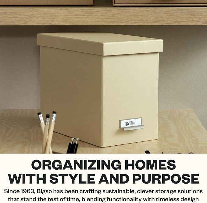 Bigso John Fiberboard Label Frame Desktop File Storage Box - Document Organizer for Important Paperwork - Durable Hanging File Box with Lid & Metal Label Window - 7.36 x 13.38 x 10.51 in - Fawn