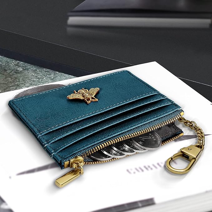 SEAVILIA Card Holder Keychain Wallet for Women with ID Window RFID Coin Purse Bee Gifts Slim Minimalist Small Wallet
