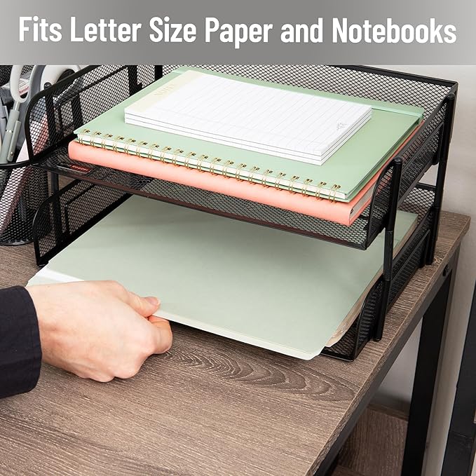 Mind Reader 2-Tier Stackable Paper Tray, Desktop Organizer for Letter-Size Documents, Office File Storage, Metal Mesh, Set of 2, Black
