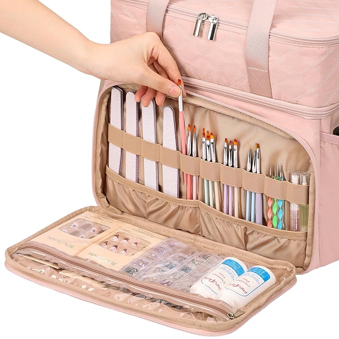 HOMEST Double Layer Nail Polish Organizer Holds 80 Bottles (15ml/0.5 fl. oz) and a Lamp, Case with 2 Removable Pouches for Manicure Tools Storage, Pink(Bag Only)