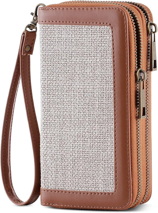 Cellphone Wallet for Women Dual Zipper Long Purse with Removable Wristlet