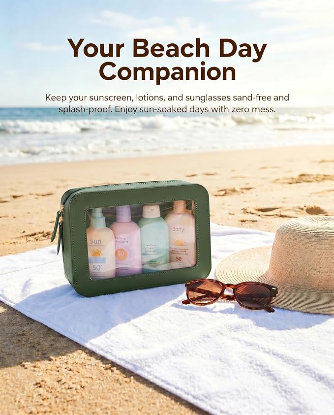 LETGO Clear Makeup Bags,TSA Approved Toiletry Bag with Zipper,Sunscreen Bag Clear Makeup Toiletry Pouch Beach Vacation Essentials for Women Teen Girls Gifts(Vintage Green)