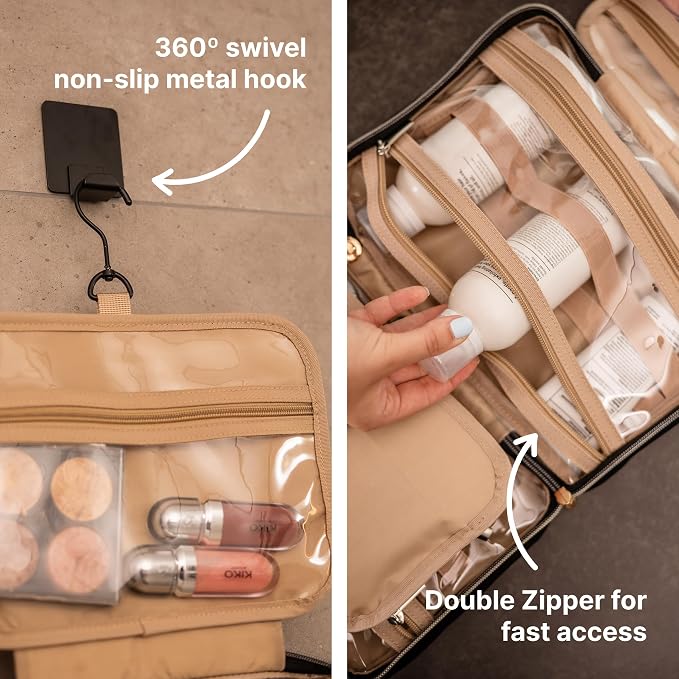 Carrywell Toiletry Bag Travel Bag with Hanging Hook, Makeup Organizer Case, Water-Resistant Cosmetic Bag For Full-size Containers, Toiletries, Black Medium, Not Made In China