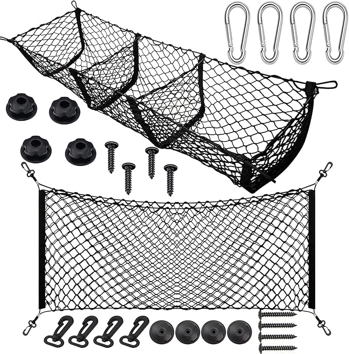 Tallew 2 Pcs Car Rear Cargo Net, Adjustable Elastic Mesh Cargo Net, 3 Pocket Heavy Duty Trunk Bed Storage Organizer, Universal for Car SUV Vehicle Pickup Truck with Accessories(35.4 x 15.7 inches)