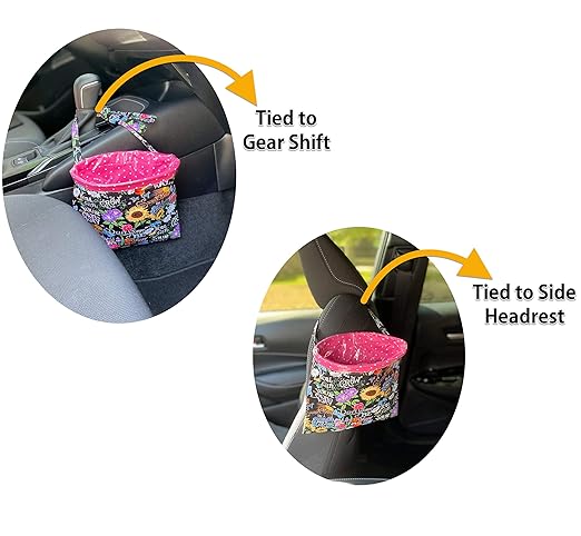Car Trash Bag Hanging Front Seat Back Seat Headrest Console - Car Trash Bin with Reusable Waterproof Liner and Disposable Bags - Car Waste Basket (Small Pink/Sunflower)