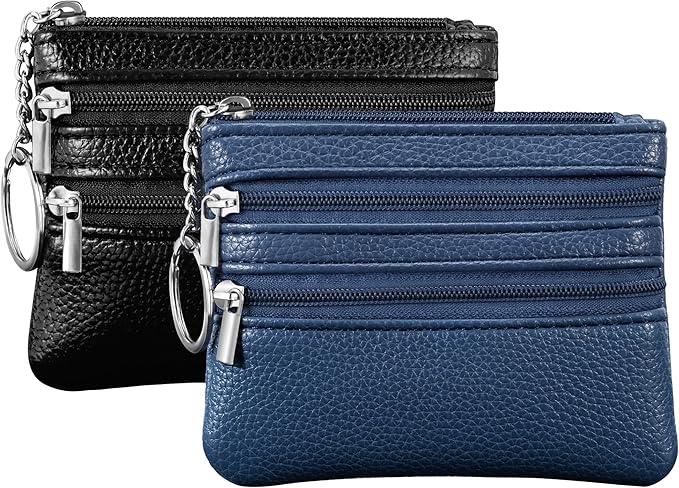 Chelmon 2 Pack Coin Purse Pouch Change Card Holder Wallet with Keychain for Women and Men (Black & Blue)