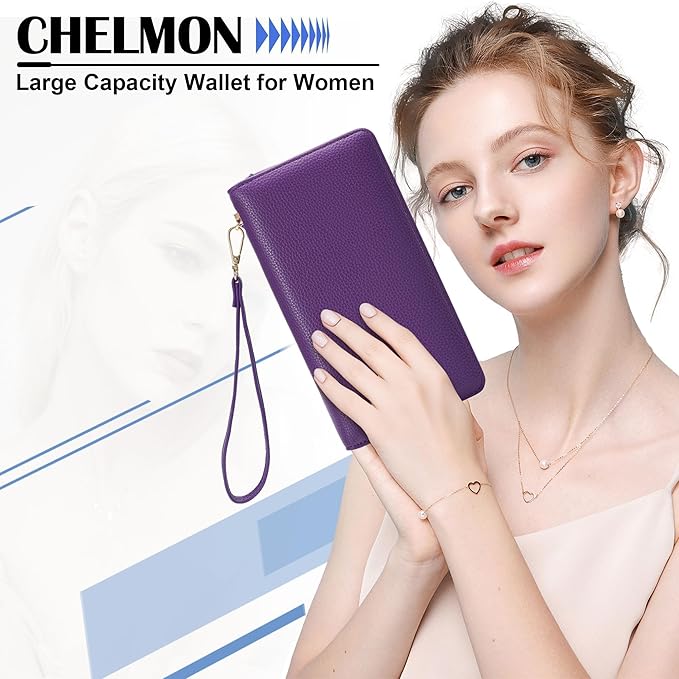 Chelmon Women's Vegan Leather Clutch Wallet with Zip, Hand Strap, Large Capacity