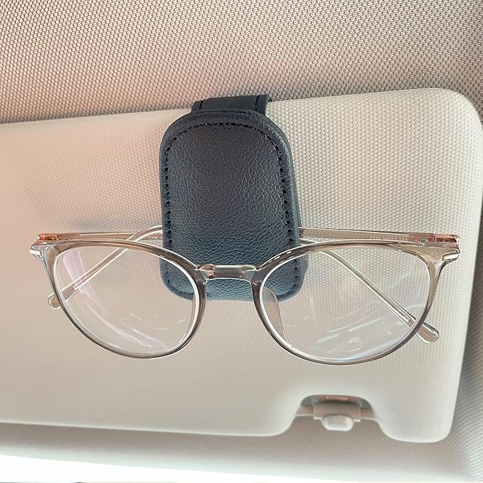 KIWEN 4 Packs Sunglasses Holders for Car Visor, Magnetic Leather Glasses Eyeglass Clip for Car, Ticket Card Clip Sunglasses Mount, Car Visor Accessories Gadgets(4, Black)