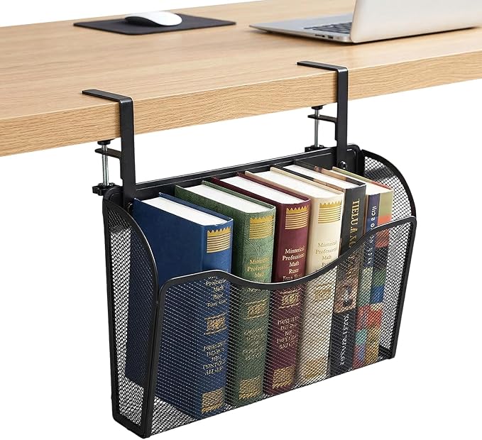 Under Desk Drawer Clamp On Mesh Metal Desk Side Storage Hanging Organizer with Adjustable F-Clamp for Office Home, Black